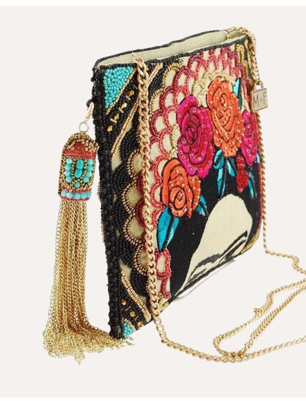 Mary Frances Frida Kahlo Beaded Crossbody Bag -chain with pendant in Black with